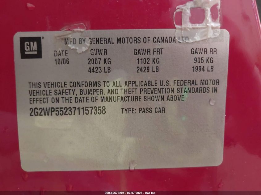 2007 Pontiac Grand Prix VIN: 2G2WP552371157358 Lot: 42673201