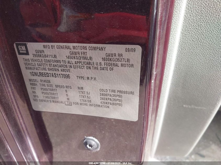 2010 Chevrolet Traverse Ls VIN: 1GNLREED7AS117096 Lot: 42673298