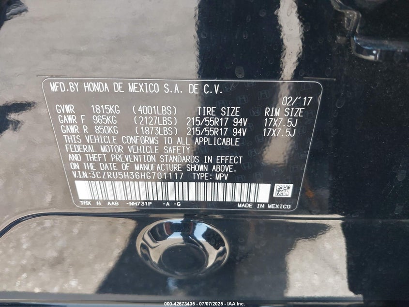 2017 HONDA HR-V LX - 3CZRU5H36HG701117