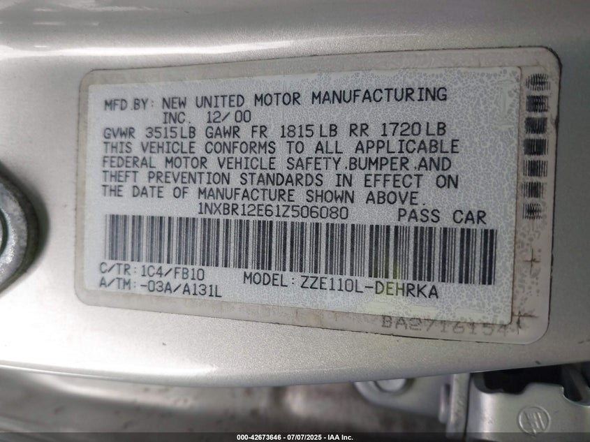 2001 Toyota Corolla Ce VIN: 1NXBR12E61Z506080 Lot: 42673646