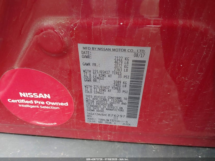 VIN 5N1AT2MV6HC876297 2017 NISSAN ROGUE SV