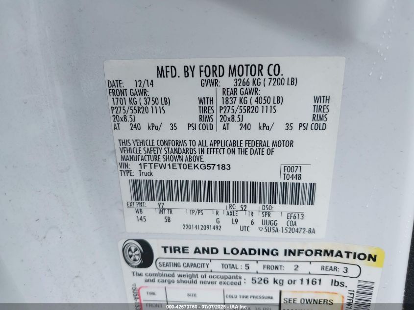 2014 Ford F-150 Fx4 VIN: 1FTFW1ET0EKG57183 Lot: 42673760