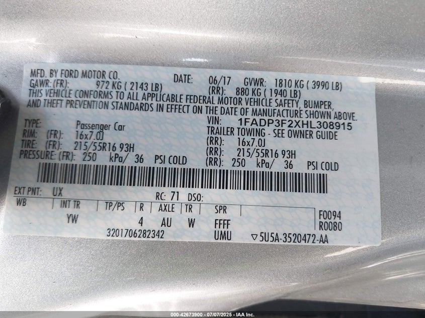 2017 FORD FOCUS SE - 1FADP3F2XHL308915