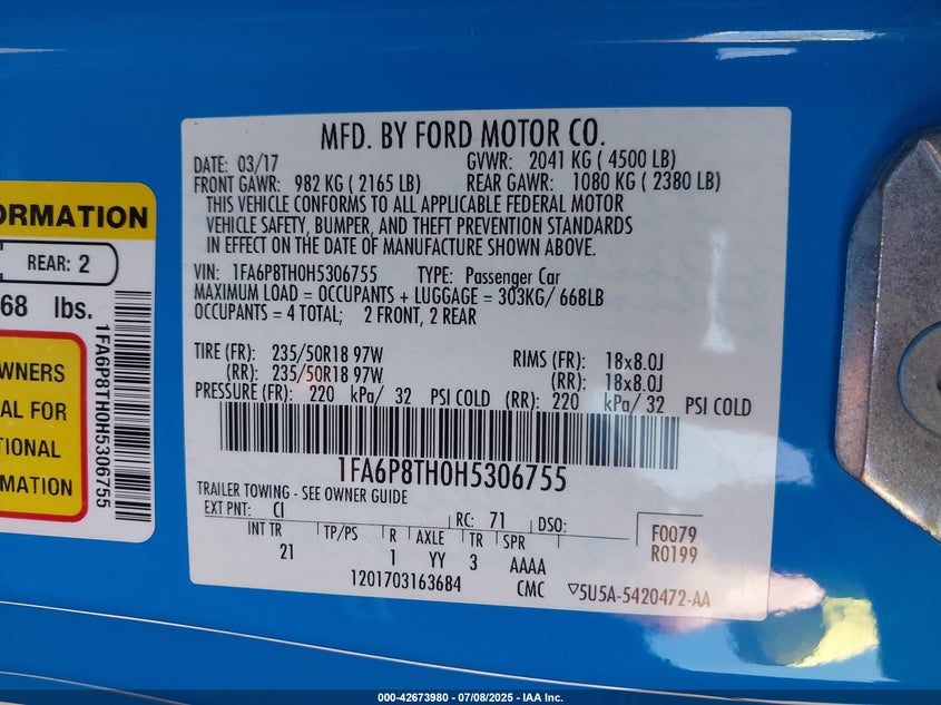 2017 FORD MUSTANG - 1FA6P8TH0H5306755