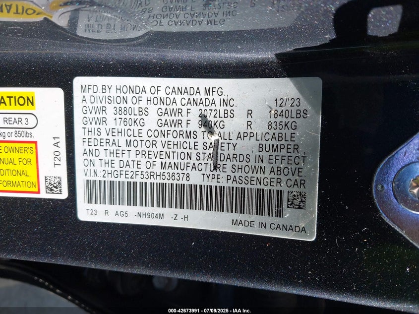 2024 HONDA CIVIC(VIN: 2HGFE2F53RH536378