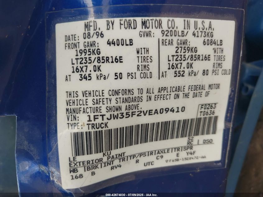 1997 Ford F-350 Xl VIN: 1FTJW35F2VEA09410 Lot: 42674030