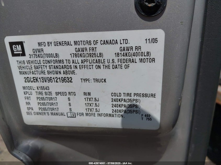 2006 Chevrolet Silverado 1500 Ls VIN: 2GCEK13V961219632 Lot: 42674081