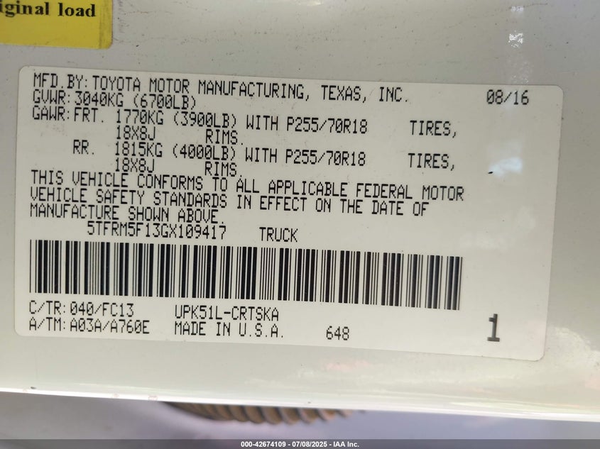 2016 TOYOTA TUNDRA SR5 4.6L V8 - 5TFRM5F13GX109417