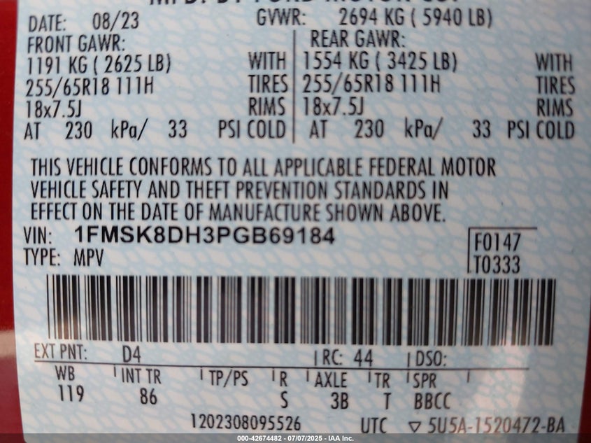 2023 FORD EXPLORER XLT 1FMSK8DH3PGB69184 from the USA