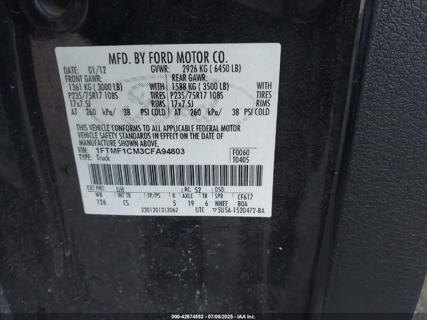 2012 Ford F-150 Xl VIN: 1FTMF1CM3CFA94803 Lot: 42674552