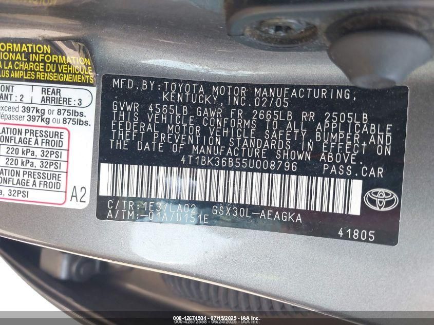 2005 Toyota Avalon Xls VIN: 4T1BK36B55U008796 Lot: 42674584