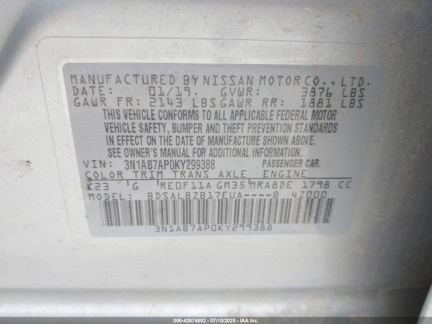 2019 Nissan Sentra S VIN: 3N1AB7AP0KY299388 Lot: 42674802