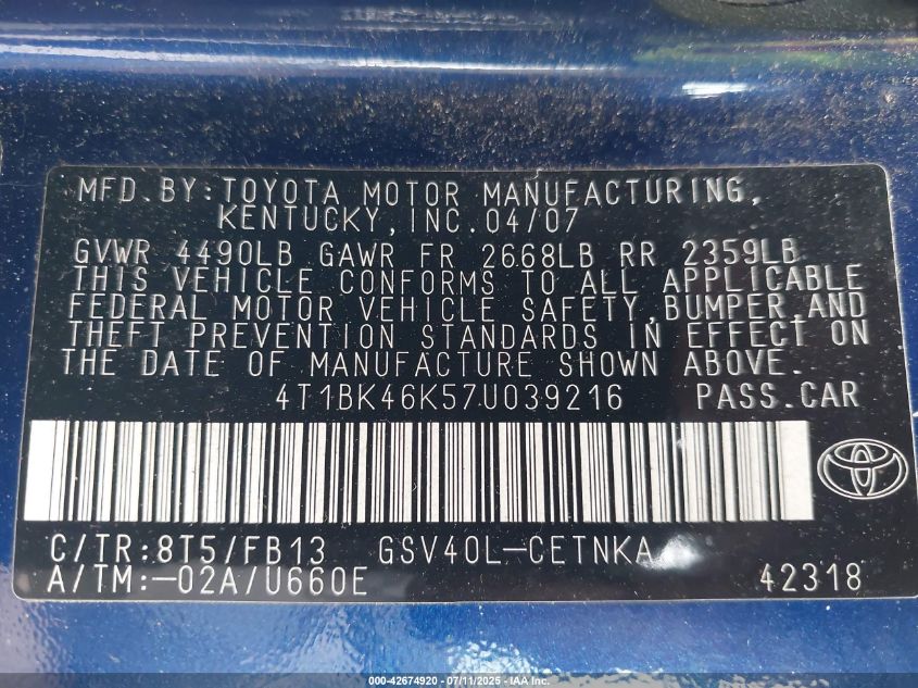 2007 Toyota Camry Le V6 VIN: 4T1BK46K57U039216 Lot: 42674920