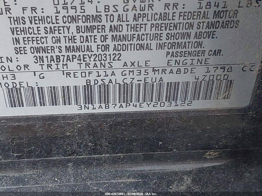 2014 Nissan Sentra S VIN: 3N1AB7AP4EY203122 Lot: 42674941