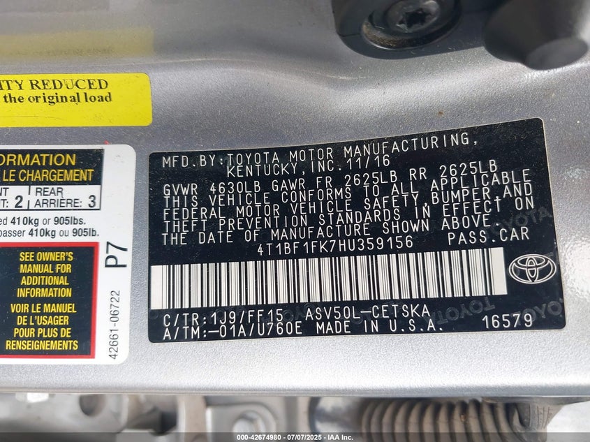 2017 TOYOTA CAMRY SE - 4T1BF1FK7HU359156