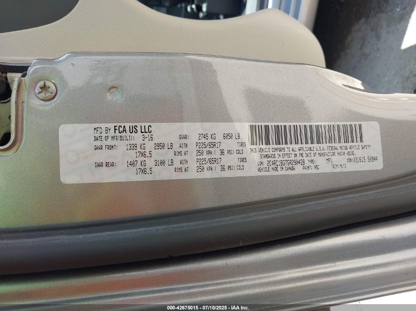 2016 Chrysler Town & Country Touring VIN: 2C4RC1BG7GR290428 Lot: 42675015