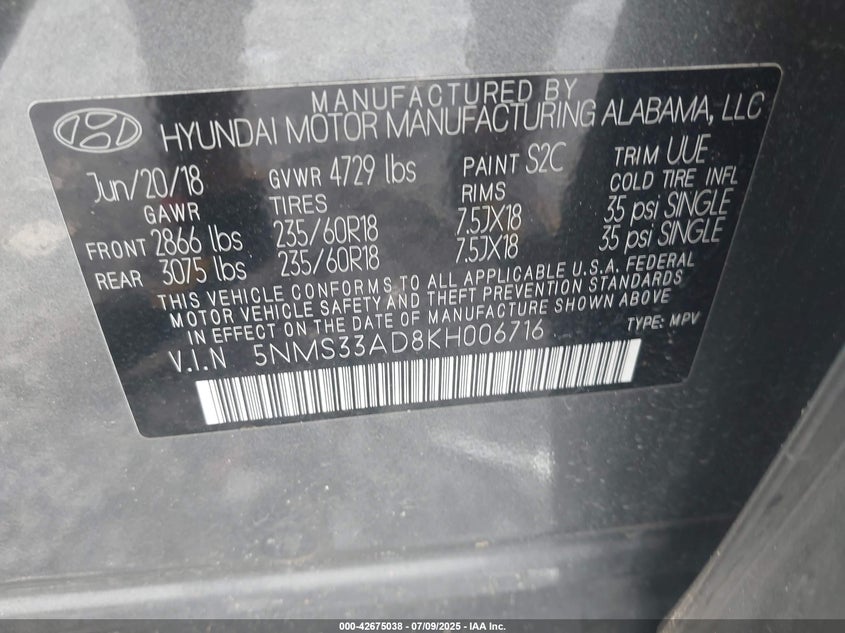 VIN 5NMS33AD8KH006716 2019 HYUNDAI SANTA FE SEL PLUS