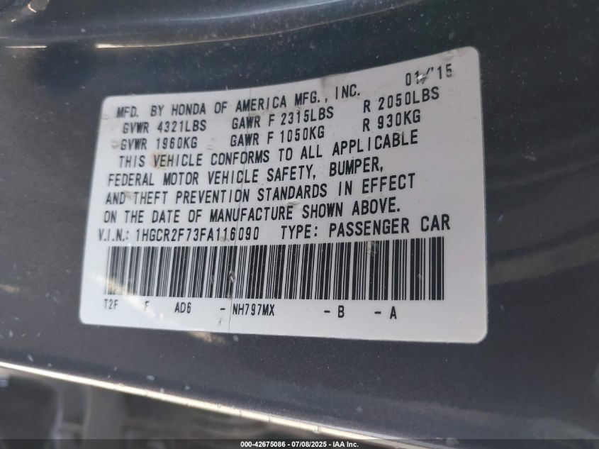2015 Honda Accord Ex VIN: 1HGCR2F73FA116090 Lot: 42675086