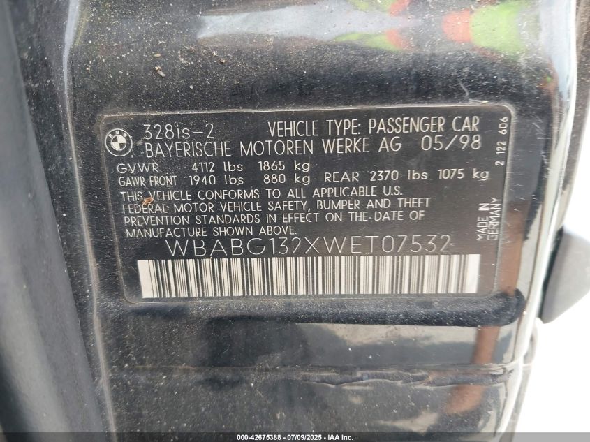 1998 BMW 328Is VIN: WBABG132XWET07532 Lot: 42675388