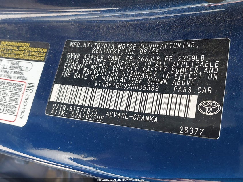 2007 TOYOTA CAMRY VIN: 4T1BE46K97U039369