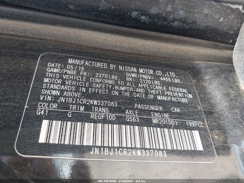 2019 Nissan Rogue Sport S VIN: JN1BJ1CR2KW337083 Lot: 42675598