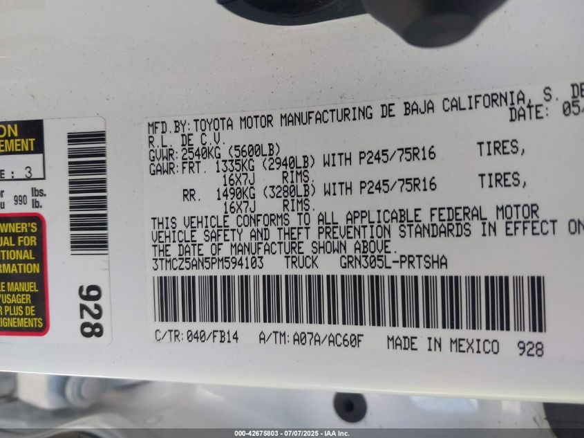 2023 Toyota Tacoma Trd Off Road VIN: 3TMCZ5AN5PM59410 Lot: 42675803