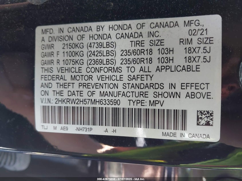 2021 HONDA CR-V AWD EX - 2HKRW2H57MH633590