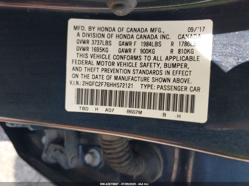 2017 Honda Civic Ex VIN: 2HGFC2F76H8572121 Lot: 42675867