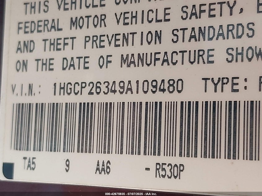 2009 HONDA ACCORD VIN: 1HGCP26349A109480