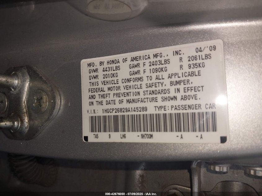 2009 Honda Accord 2.4 Ex-L VIN: 1HGCP26829A145289 Lot: 42676058