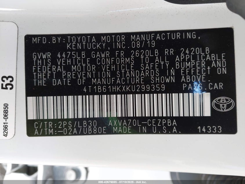 2019 TOYOTA CAMRY XSE - 4T1B61HKXKU299359
