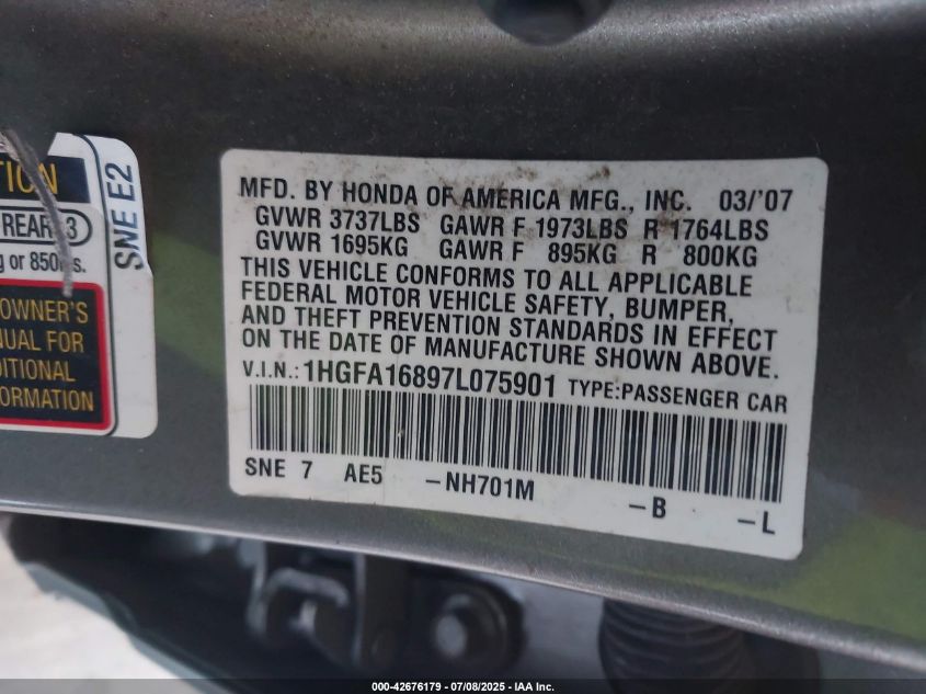 2007 Honda Civic Ex VIN: 1HGFA16897L075901 Lot: 42676179