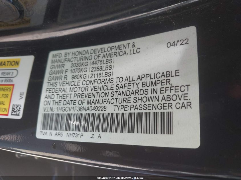 2022 Honda Accord Sport VIN: 1HGCV1F38NA049228 Lot: 42676187
