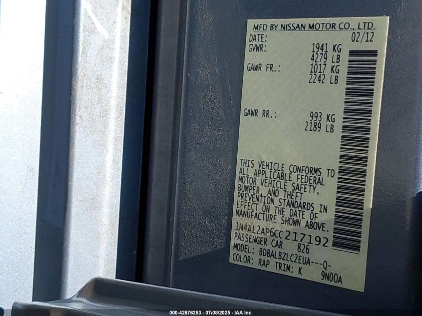 2012 Nissan Altima 2.5 S VIN: 1N4AL2AP6CC217192 Lot: 42676253