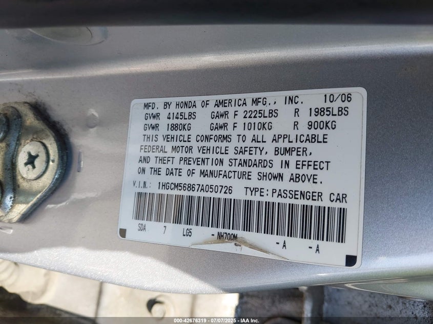 2007 Honda Accord 2.4 Ex VIN: 1HGCM56867A050726 Lot: 42676319