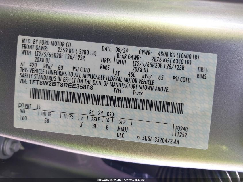 2024 Ford F-250 Lariat VIN: 1FT8W2BT8REE35868 Lot: 42676362