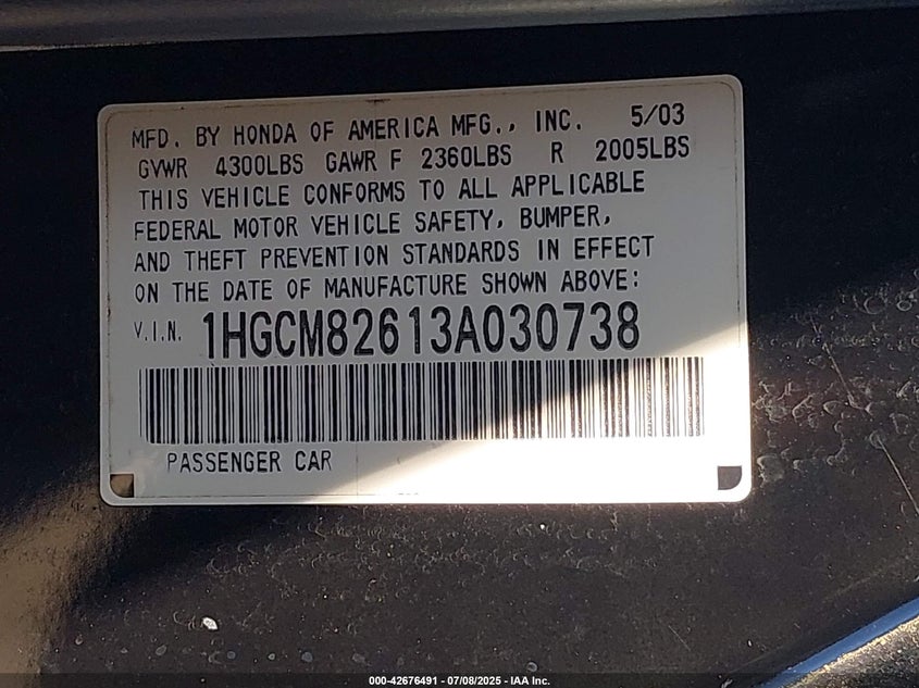 2003 Honda Accord 3.0 Ex VIN: 1HGCM82613A030738 Lot: 42676491