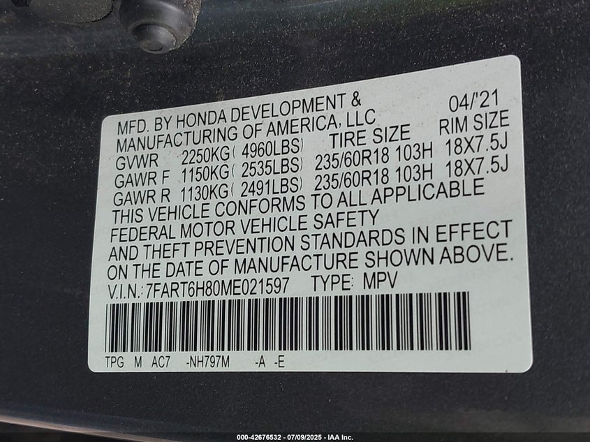 2021 HONDA CR-V HYBRID EX-L - 7FART6H80ME021597