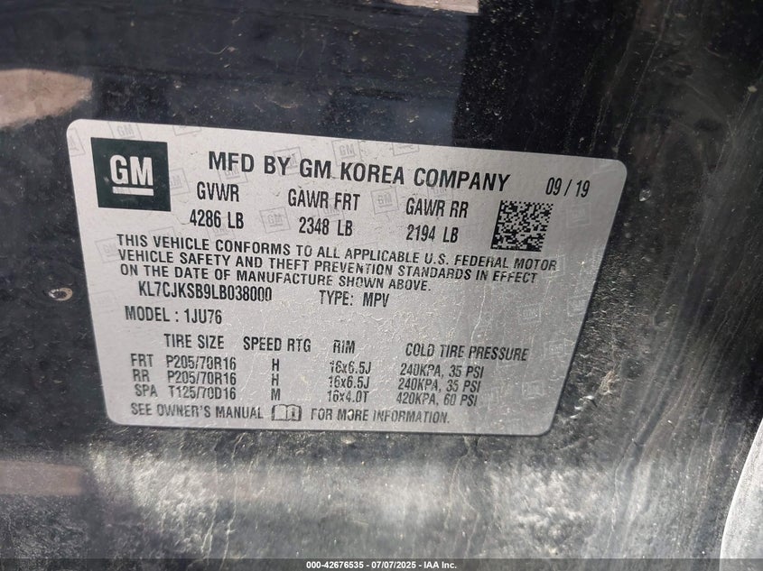 2020 CHEVROLET TRAX FWD LS - KL7CJKSB9LB038000