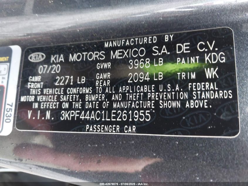 2020 Kia Forte Gt VIN: 3KPF44AC1LE261955 Lot: 42676576