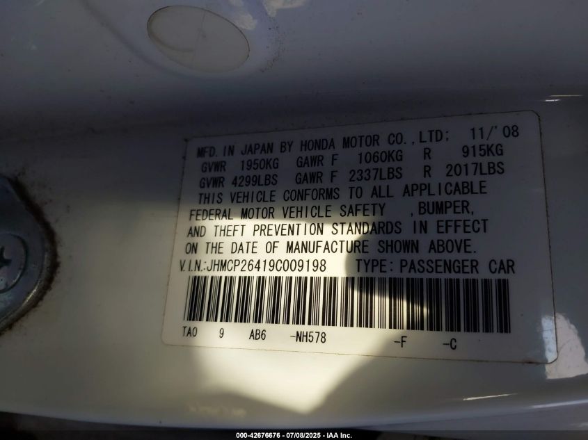 2009 Honda Accord 2.4 Lx-P VIN: JHMCP26419C009198 Lot: 42676676