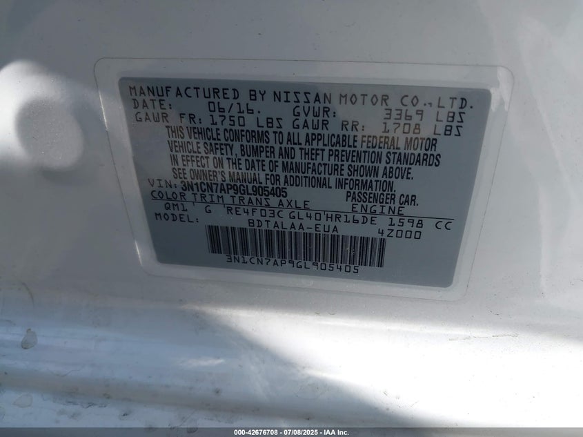 3N1CN7AP9GL905405 2016 NISSAN VERSA photo no. 9