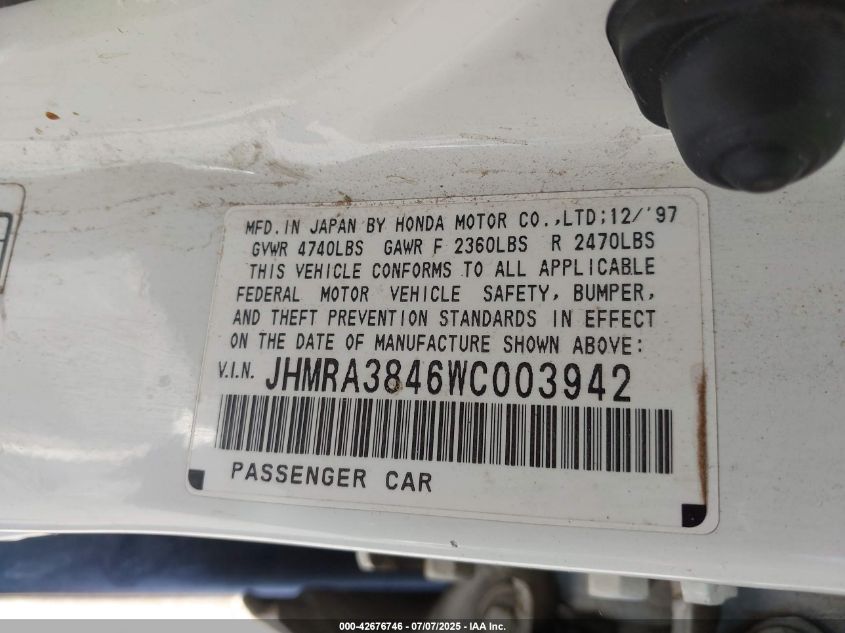 1998 Honda Odyssey Ex/Lx VIN: JHMRA3846WC003942 Lot: 42676746