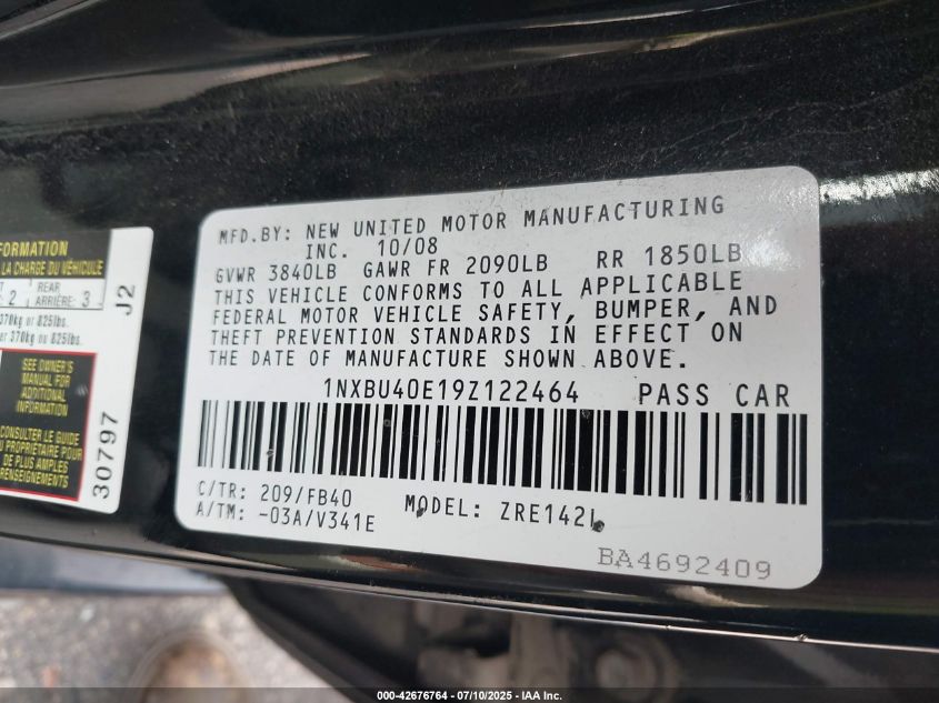 2009 Toyota Corolla Le VIN: 1NXBU40E19Z122464 Lot: 42676764