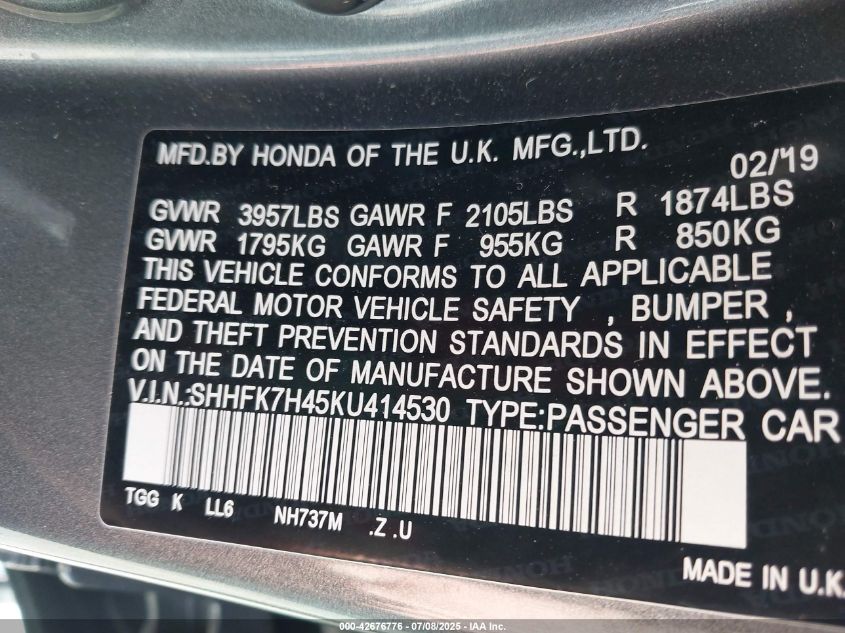 2019 Honda Civic Sport VIN: SHHFK7H45KU414530 Lot: 42676776