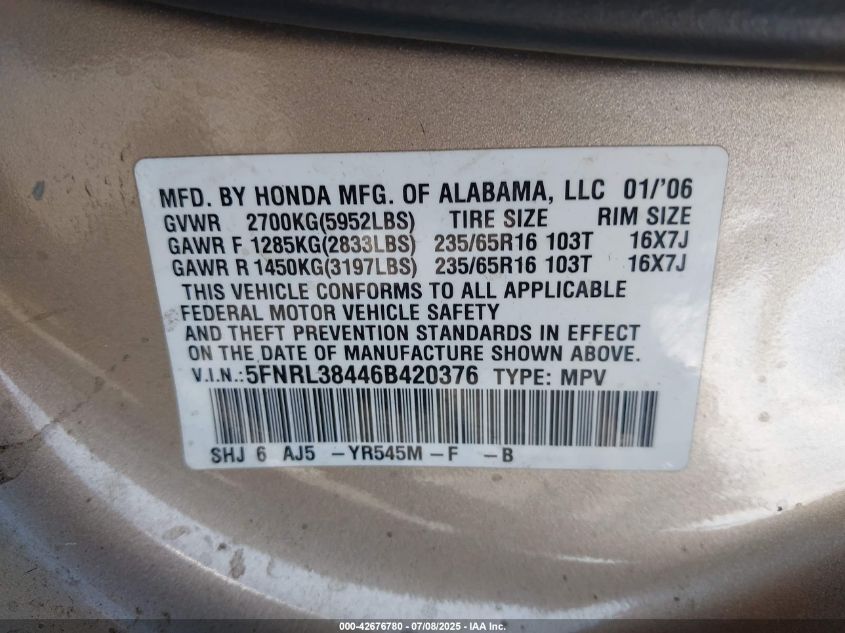 2006 Honda Odyssey Ex VIN: 5FNRL38446B420376 Lot: 42676780
