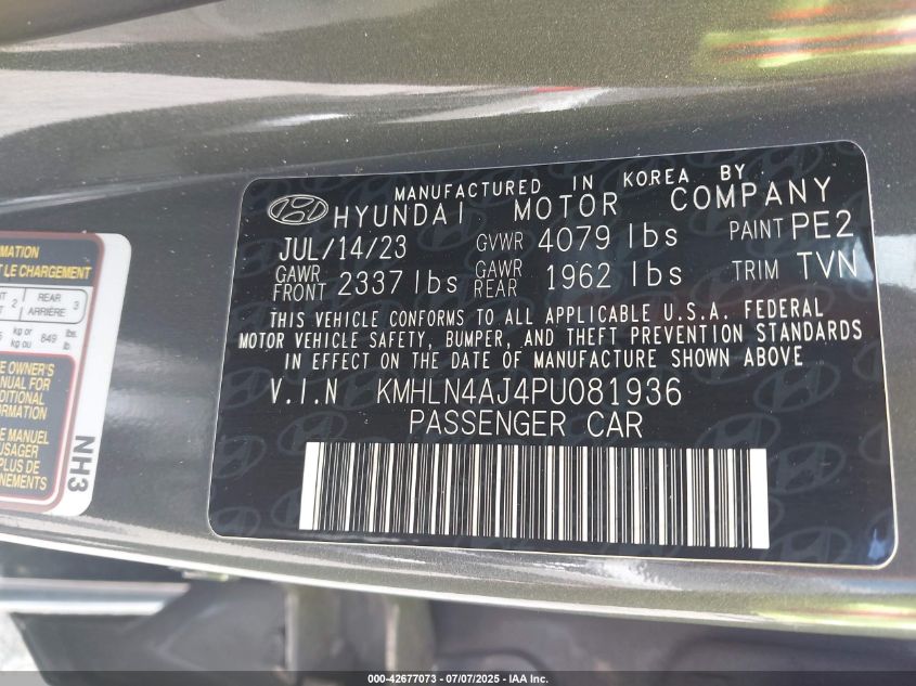 2023 Hyundai Elantra Hybrid Limited VIN: KMHLN4AJ4PU081936 Lot: 42677073