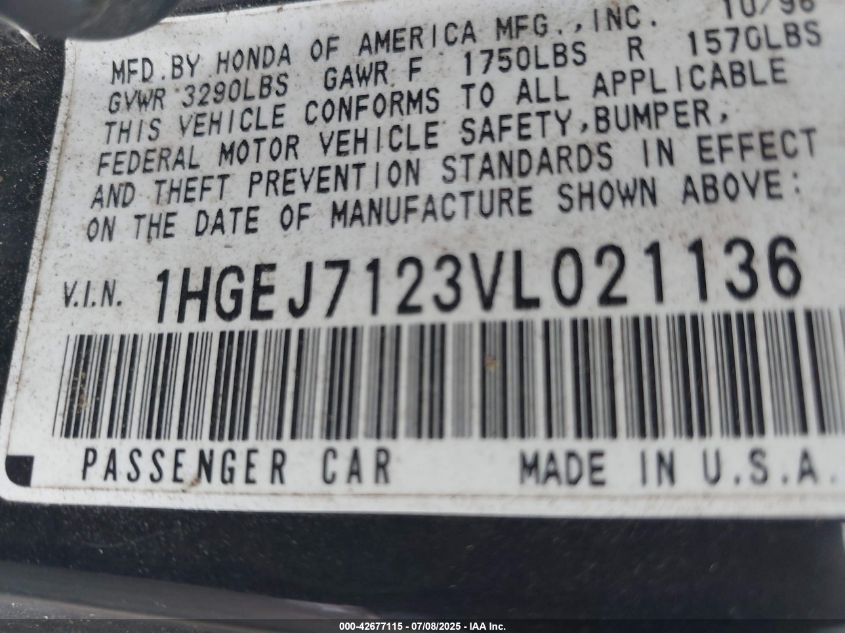 1997 Honda Civic Hx VIN: 1HGEJ7123VL021136 Lot: 42677115