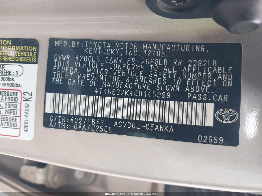 2006 Toyota Camry Le VIN: 4T1BE32K46U145999 Lot: 42677121