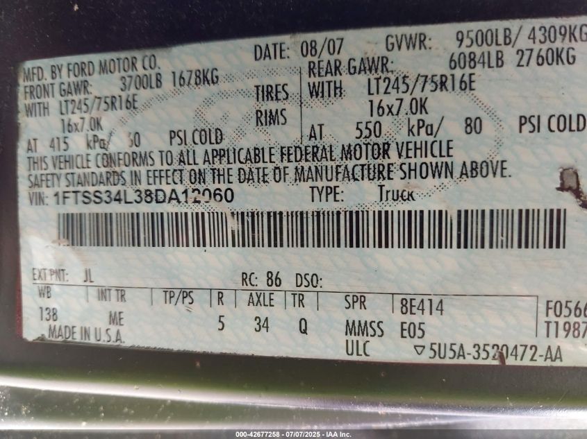 2007 Ford E-350 Super Duty Recreational VIN: 1FTSS34L07DB30209 Lot: 42677258